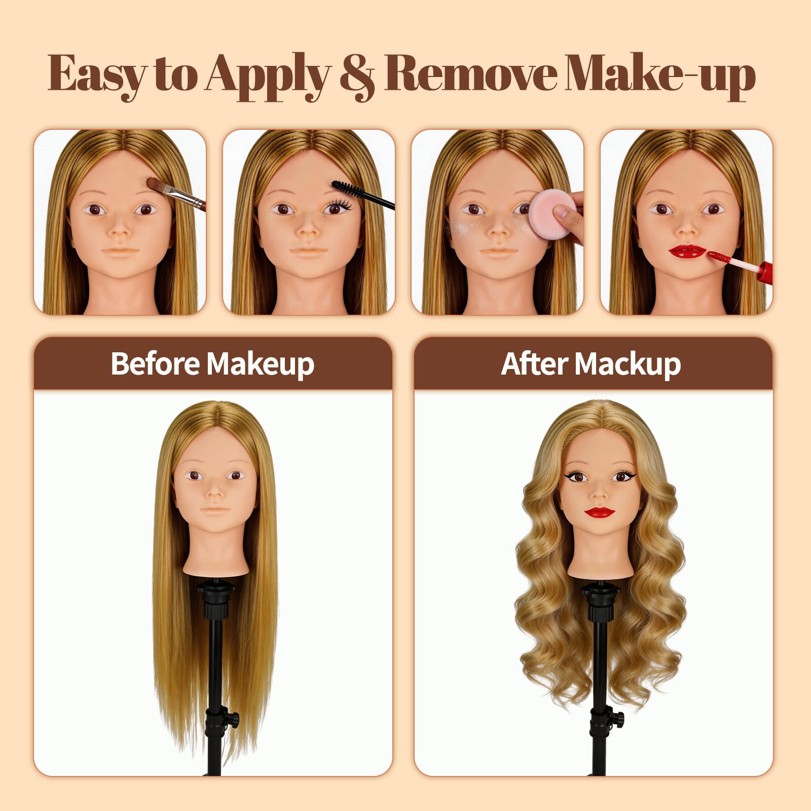 Yofuly 26Zoll/66cm Frisierkopf, 80% Echthaar Übungskopf, Make-up Frisieren Trainingsköpfe, Puppenkopf Friseur Mannequin Kopf mit Tischklemme + DIY-Zopfset (Hellbraun)