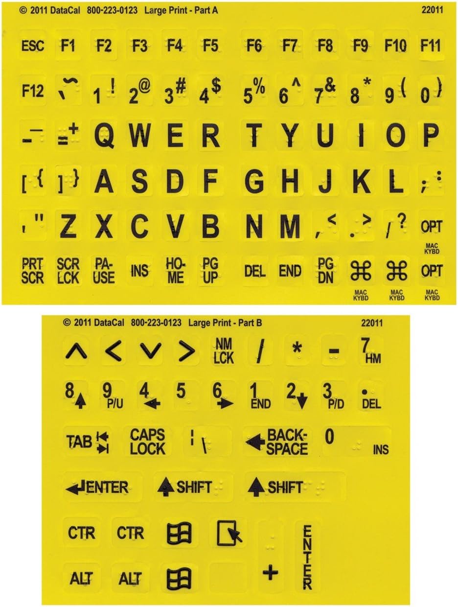 Large Print- Braille Keyboard Labels- Black on Yellow