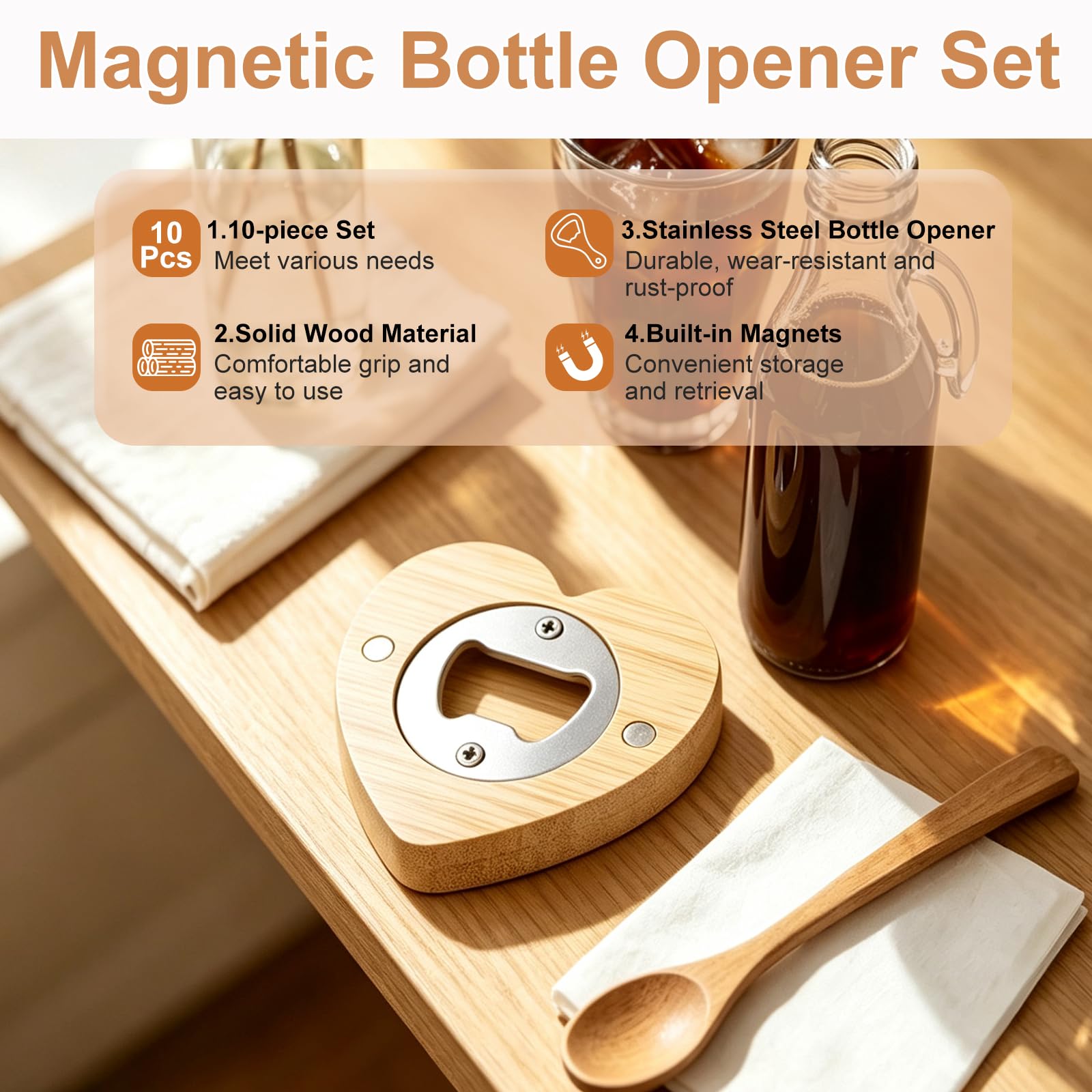 QUARKZMAN 10 Pz Apribottiglie in Legno Magnetici A forma di Cuore | Apribottiglie Portatili di Birra in Acciaio Inox Magneti da Frigorifero Regalo per Uomini e Amanti Della Birra