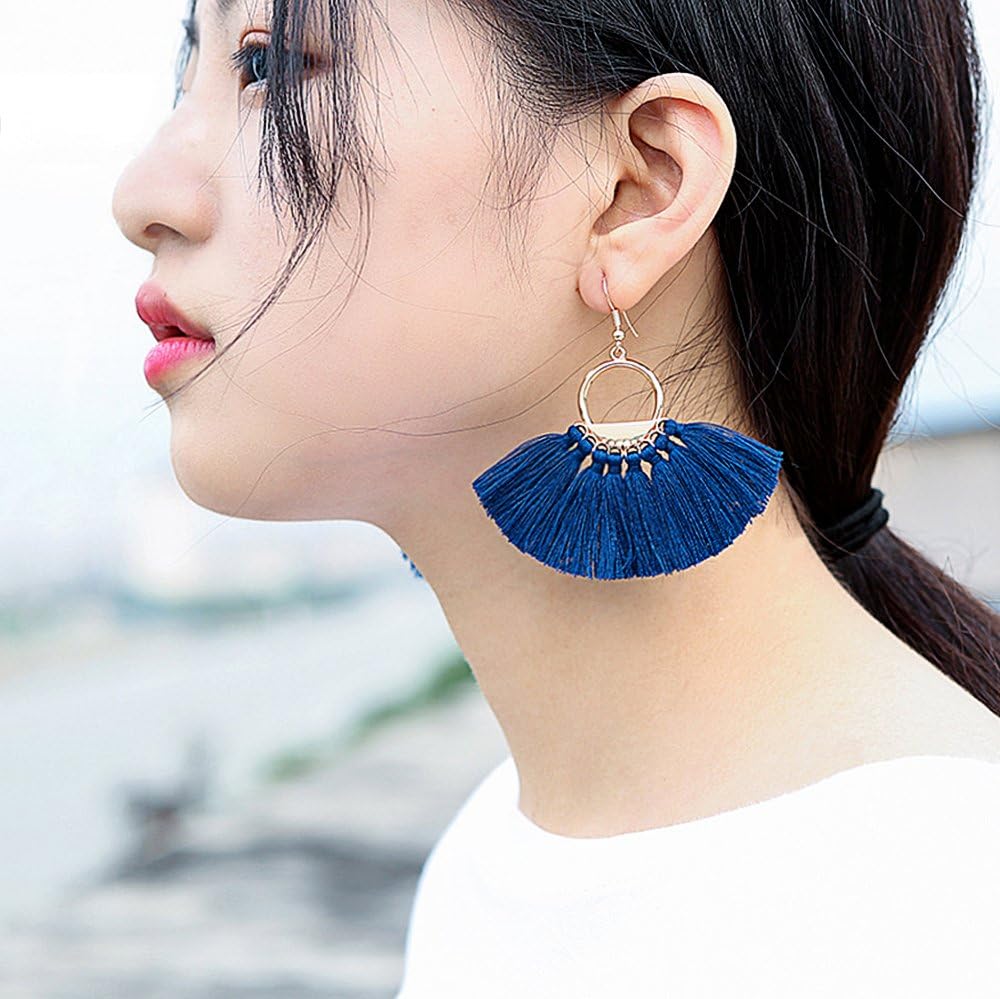 Suyi Women Tassel Earrings Bohemia Fan Shape Thread Tassel Statement Drop Dangle Earrings for Girl Lady - Image 2