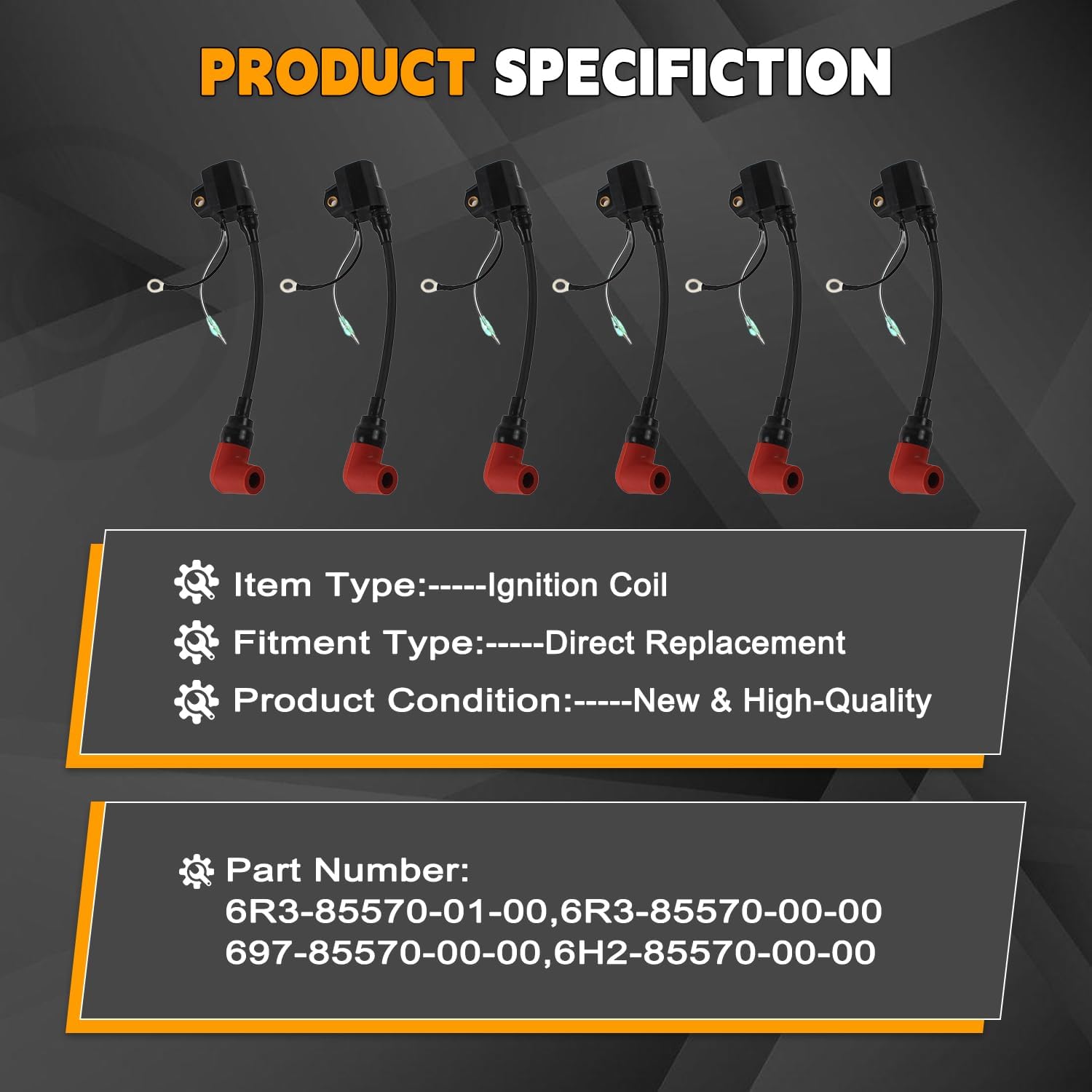 PANGOLIN 6PCS 6R3-85570-01-00 6R3-85570-00-00 Heavy Duty Ignition Coil Compatiable with Yamaha Outboard 100HP 115HP 130HP 140HP 150HP 175HP 200HP 225HP 2-Stroke Engine