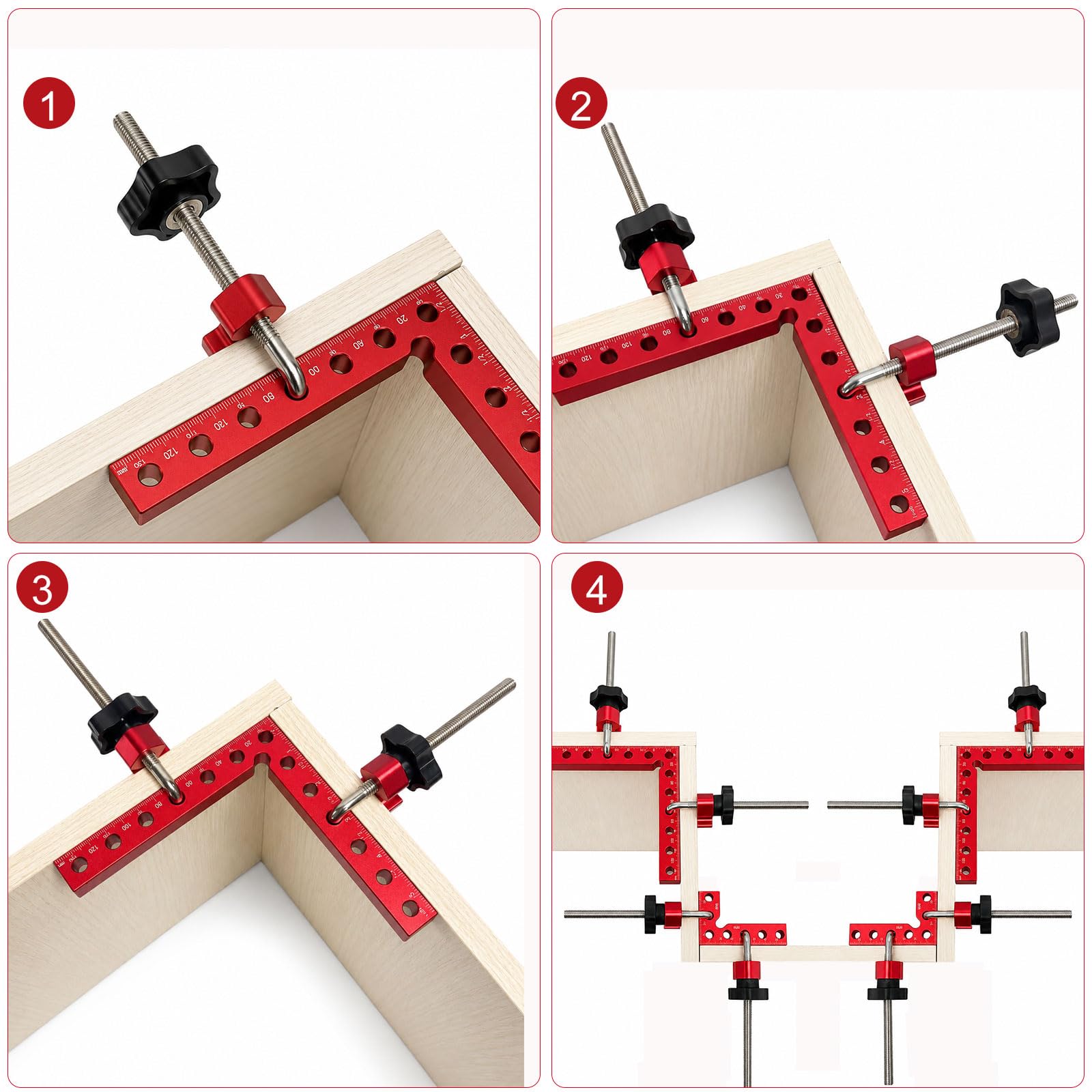 Set 8 morsetti angolari 90°140mm+80mm per lavorazione legno fai da te | Alluminio alto resist, anod nano, antiruggine, doppia scala 3 lati, 13 fori, smusso CNC, multi combinazione