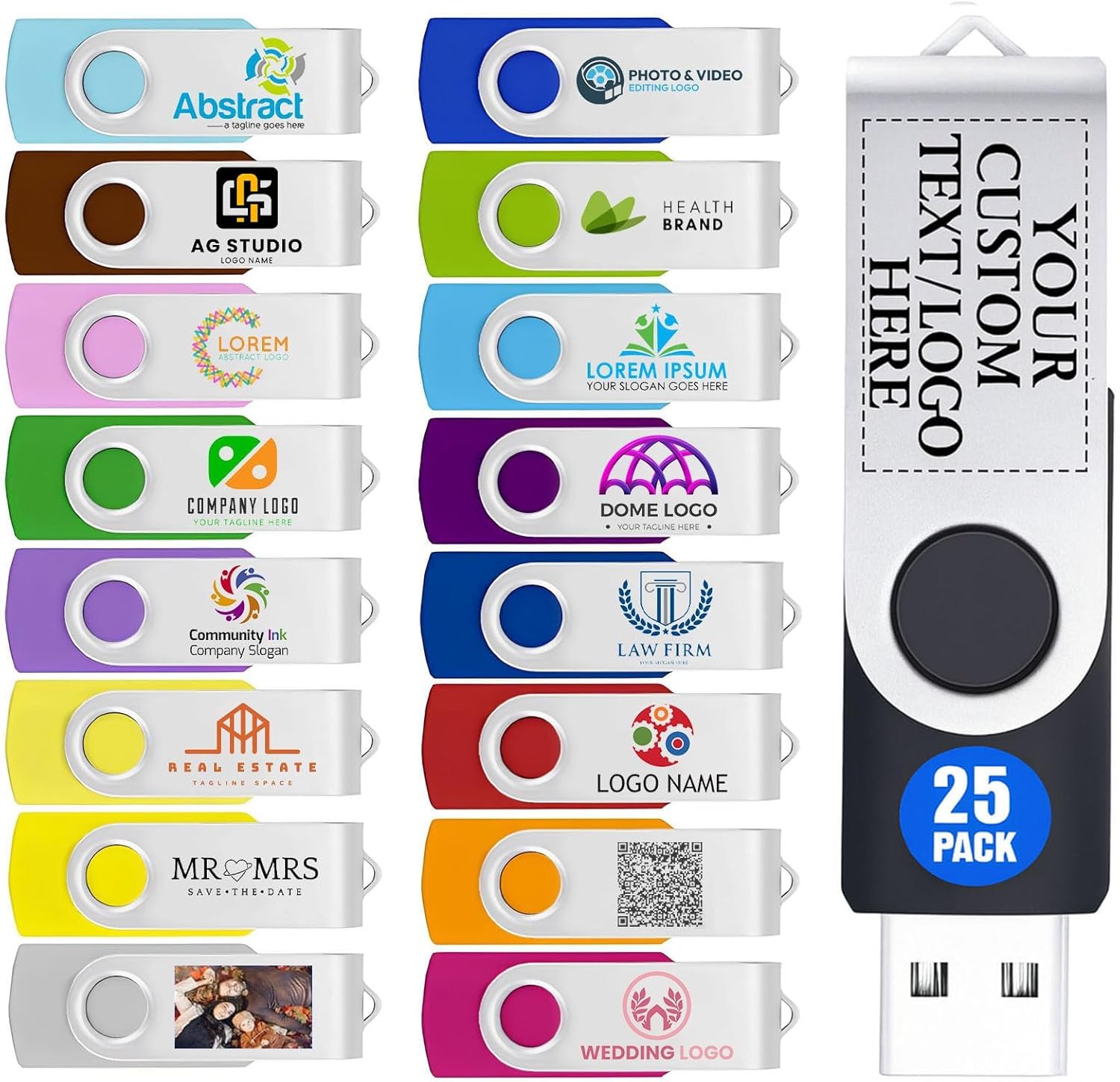 Custom USB Flash Drive 32GB 25 Pack Promotional Product Customized Thumb Drive,Customizable USB Drive Personalized with Your Logo Bulk USB2.0 Personalized USB Stick 25Pcs Multiple Color Choice