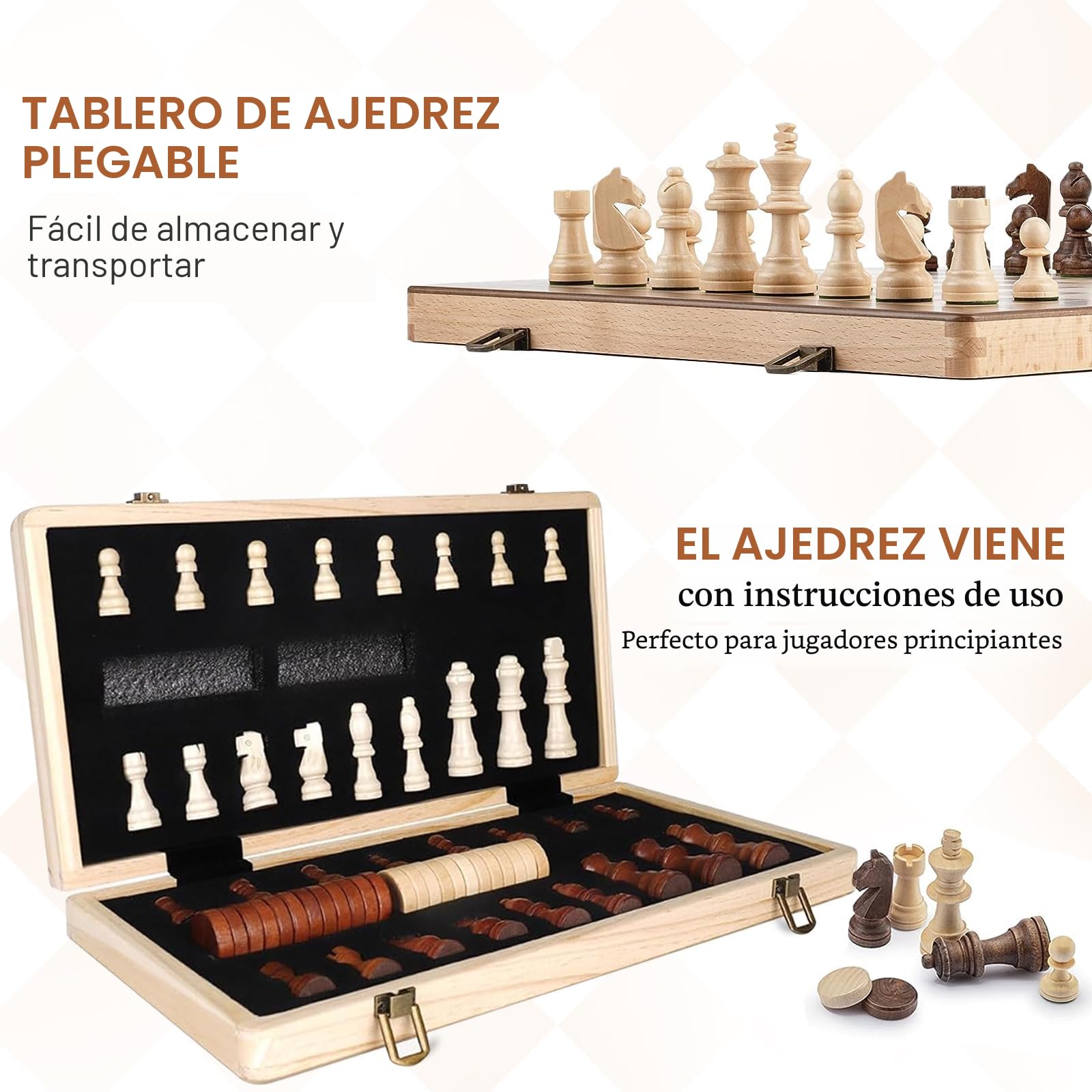 2 En 1 Ajedrez, 39x39cm Juego de Ajedrez,Tablero Ajedrez Magnetico, Tablero Ajedrez Madera Plegable, Diseño Único de Caja, y Fácil de Llevar y Almacenar, Ajedrez y Dama para Niños y Adultos