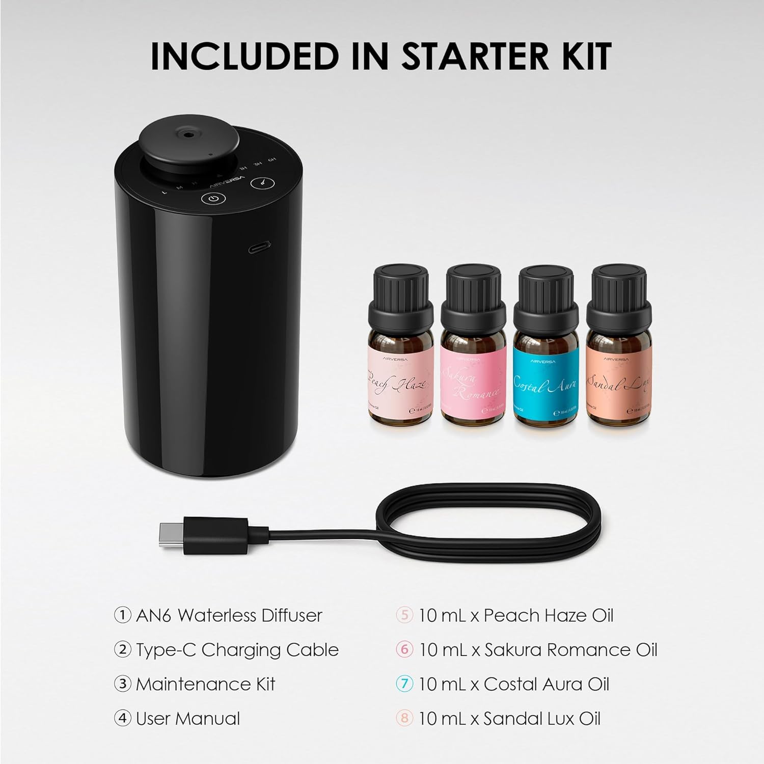 Airversa Waterless Essential Oil Diffuser Starter Kit with 4 x 10mL Fragrance Scent Oil, Battery Operated Mini Scent Air Machine Portable Diffuser for Home Car Office, AN6 Black Kit01 - Image 6