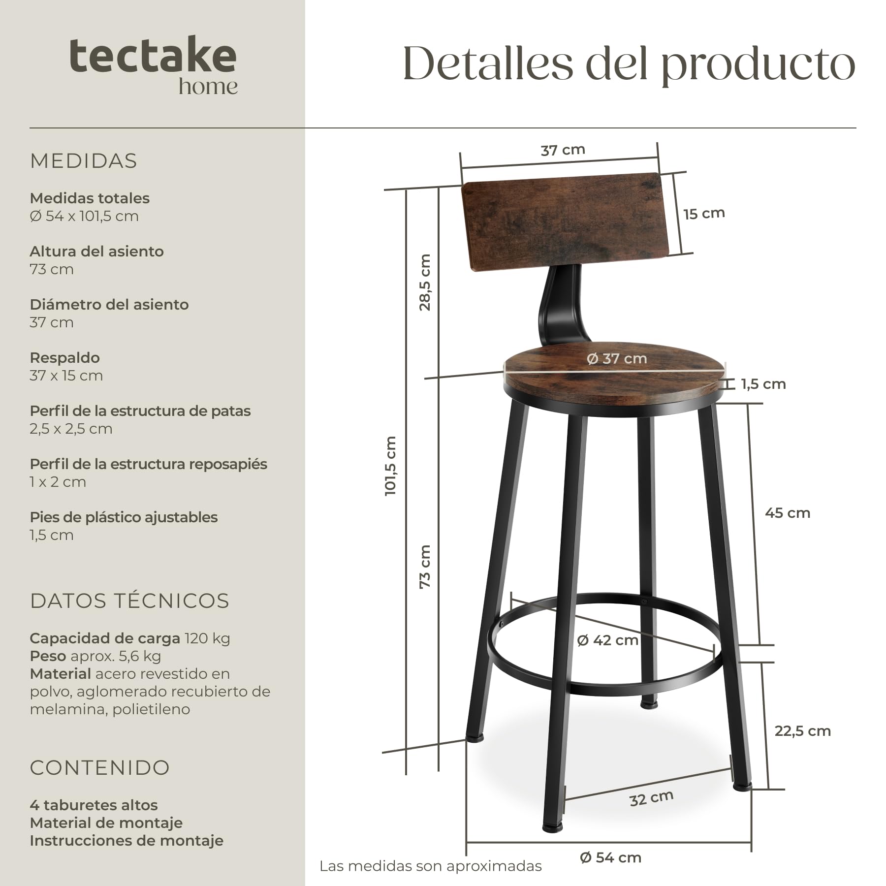 tectake® Taburete con Respaldo, Taburete Alto Cocina con Estructura de Acero, Taburetes Madera para Isla Cocina Resistentes, Sillas de Comedor - Set de 4 Madera Industrial Oscura, Rústica