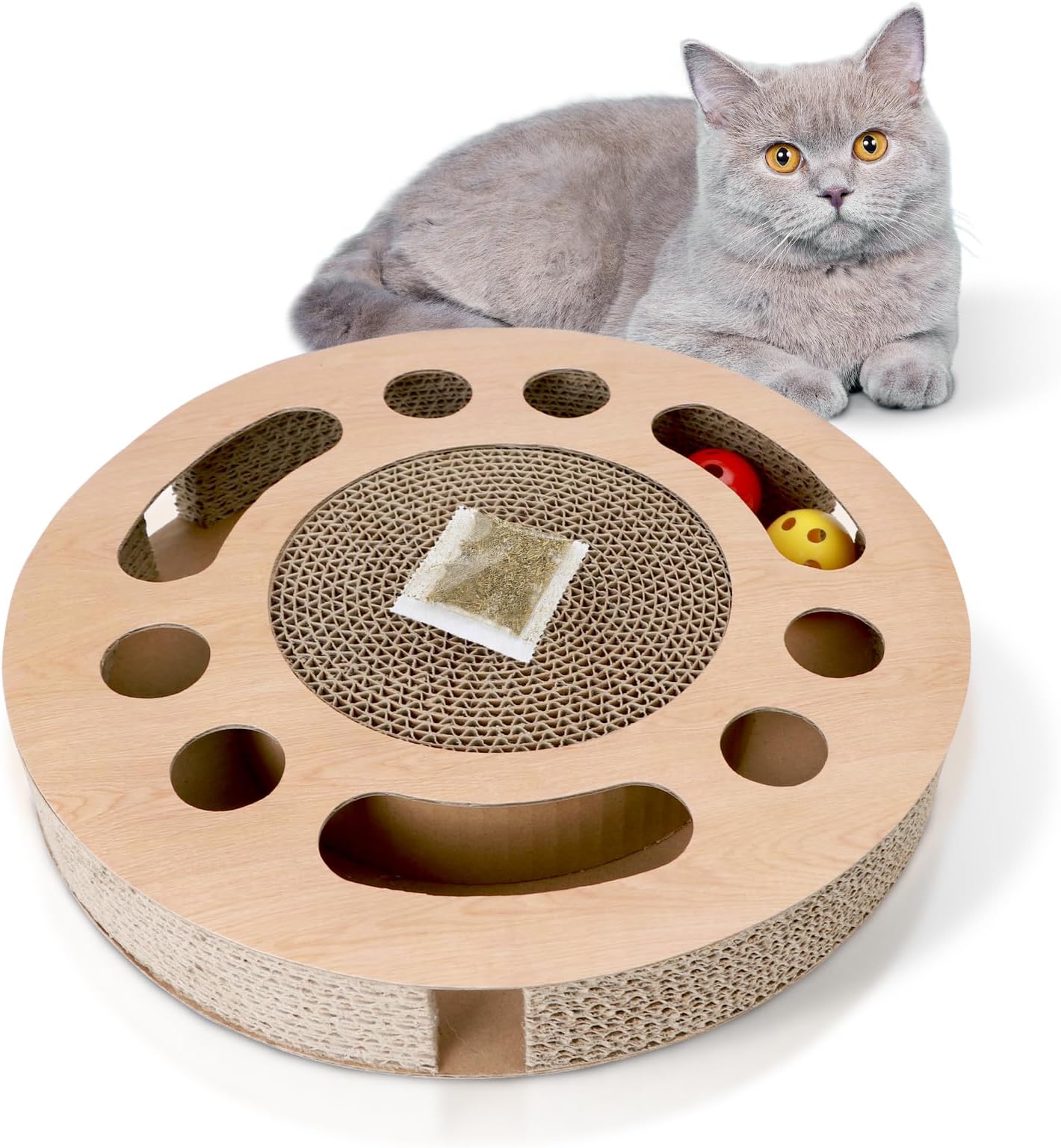 Cat Scratcher, Cat Scratching Board with 2 Bell Balls and Catnip, High Density Corrugated Scratcher Cardboard, Durable 3 in 1 Scratchers Pad Bed Toy for Indoor Cats, Size 33 * 33 * 5.5 cm