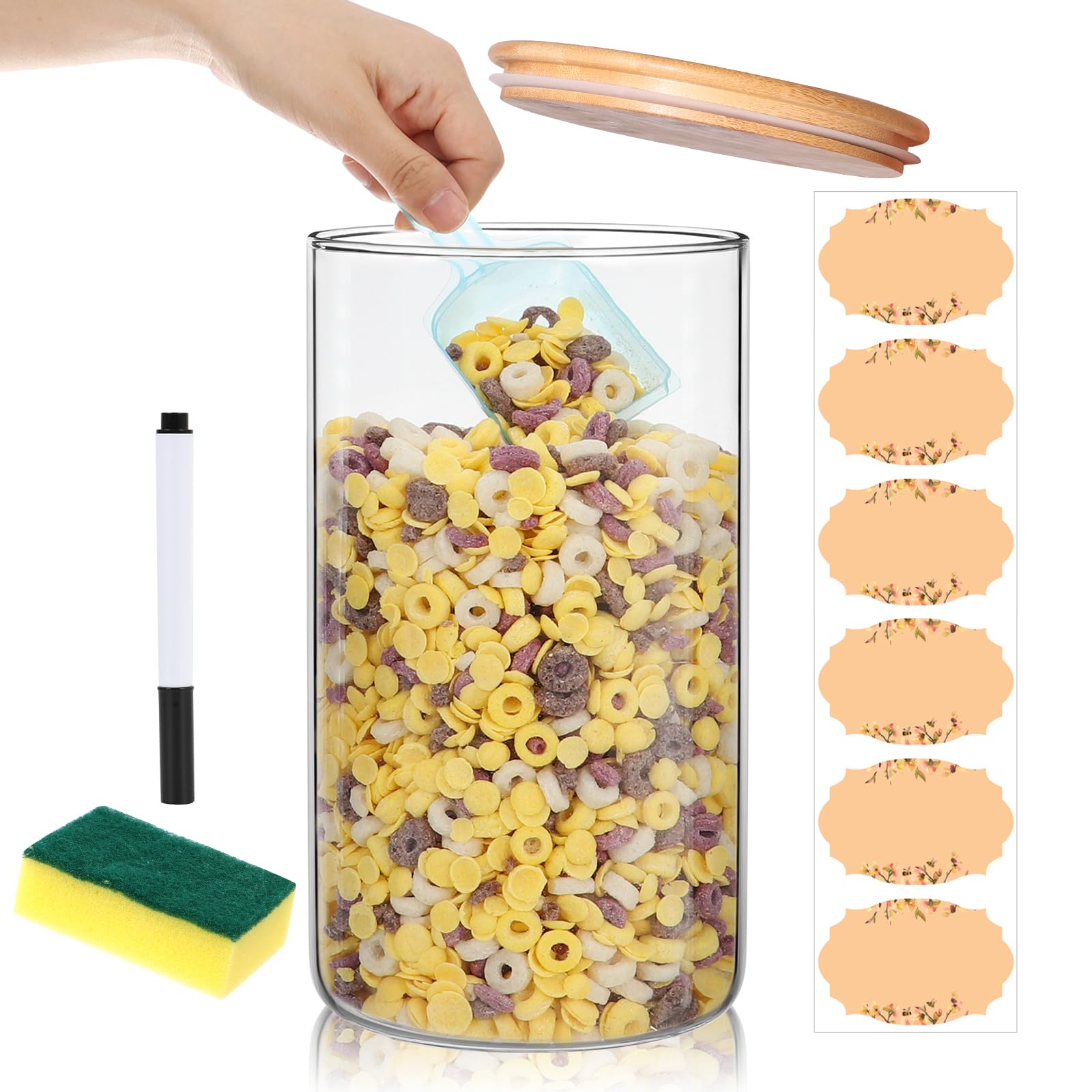 Photo 1 of AuroTrends Glass Jar with Lid 3800ml/128oz,Flour Sugar Storage Containers with Bamboo Lids/Plastic Scoop/Stickers/Marker/Scrub Sponge, Glass Food Storage Container for Pantry Storage 128oz- 1Pack