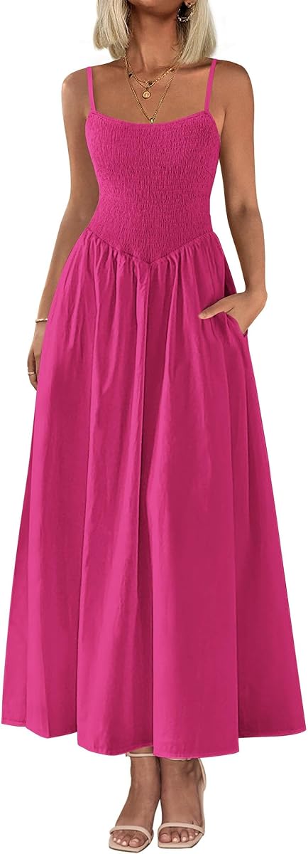 PRETTYGARDEN Women's Smocked Maxi Dresses 2026 Summer Sundress Casual Spaghetti Strap Swing A Line Long Flowy Beach Dress