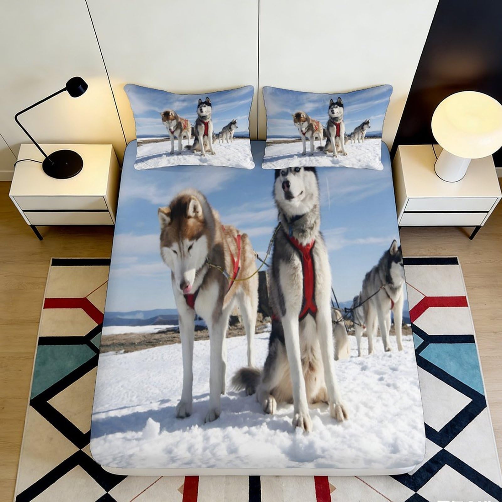 3D Printed Husky Dog Snow Fitted Sheet Microfiber Soft Breathable Sled Team Bed Cover for Bedroom Guest Room Decor 90x200x25cm