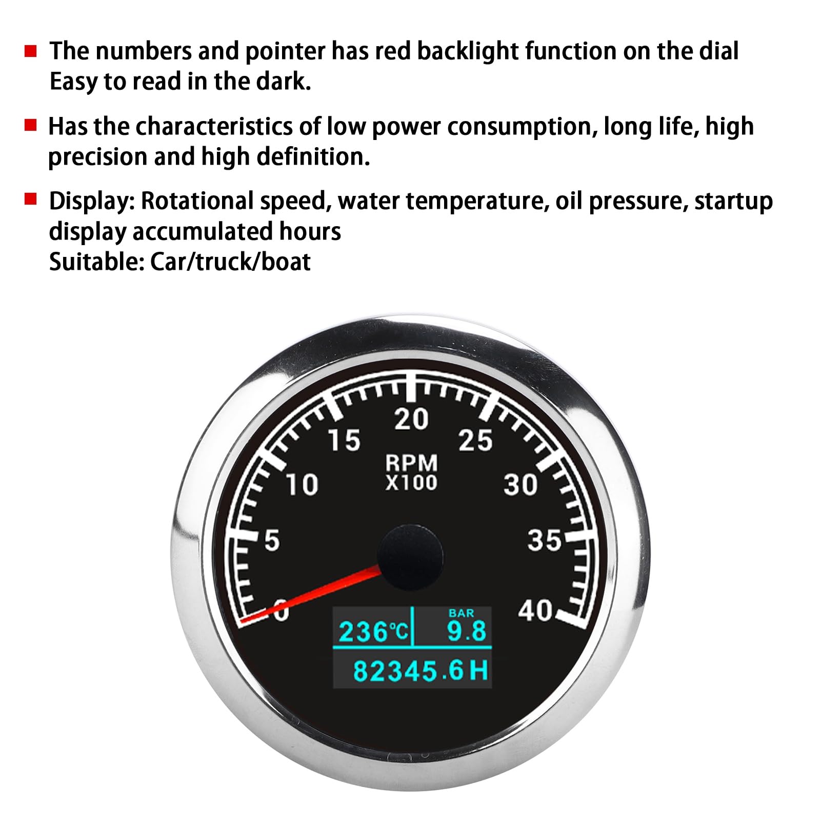 Tacómetro de Puntero, Calibre RPM ABS Acero Inoxidable Instalación Fácil Tacómetro RPM para Camión de Botes de Automóvil (esfera blanca) (esfera negra)