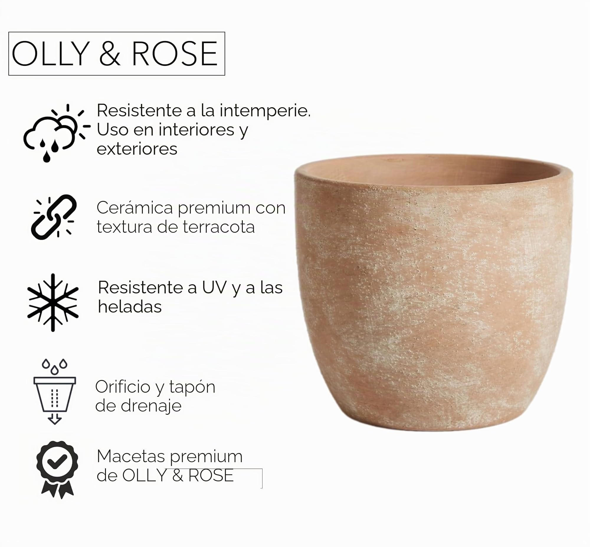 Olly & Rose Madrid - Maceta de cerámica de 25 cm, terracota lavada, macetas grandes para exteriores e interiores, macetas de terracota