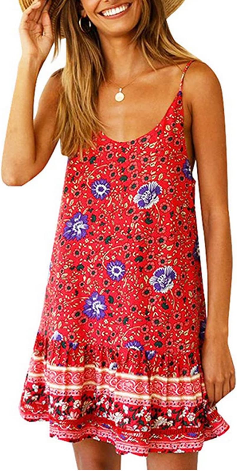 Women's Floral Printed Sundress,Spaghetti Strap Summer Ruffle A line Swing Beach Short Dress Red M
