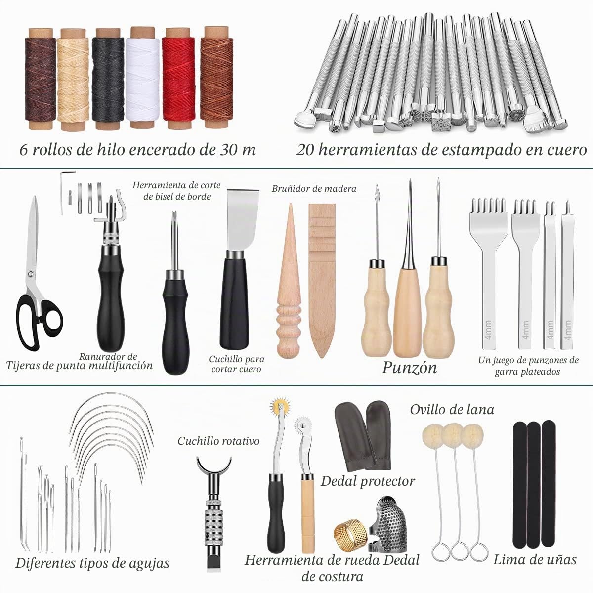 Kit de herramientas de cuero para artesanía con bolsa de almacenamiento personalizada para cortar, perforar y coser
