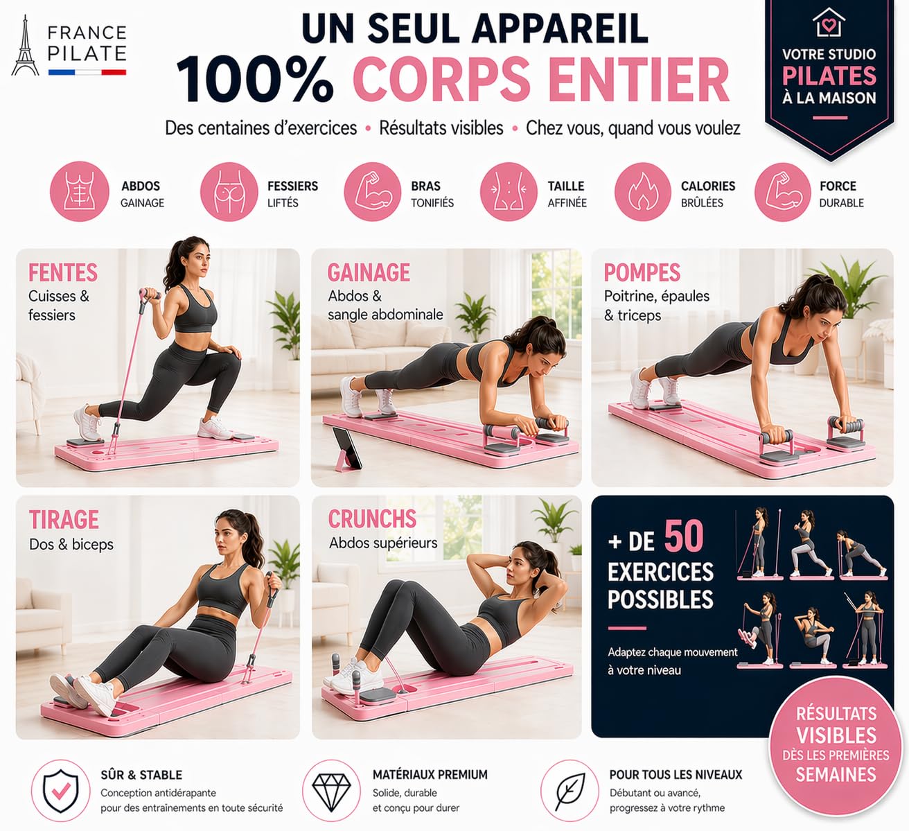 Pilates Reformer Pliable – Machine Pilates Maison Compacte avec Résistance Réglable, Planche Pilates Multifonction Full Body, Kit Accessoires Inclus + E-Book d’Exercices Offert