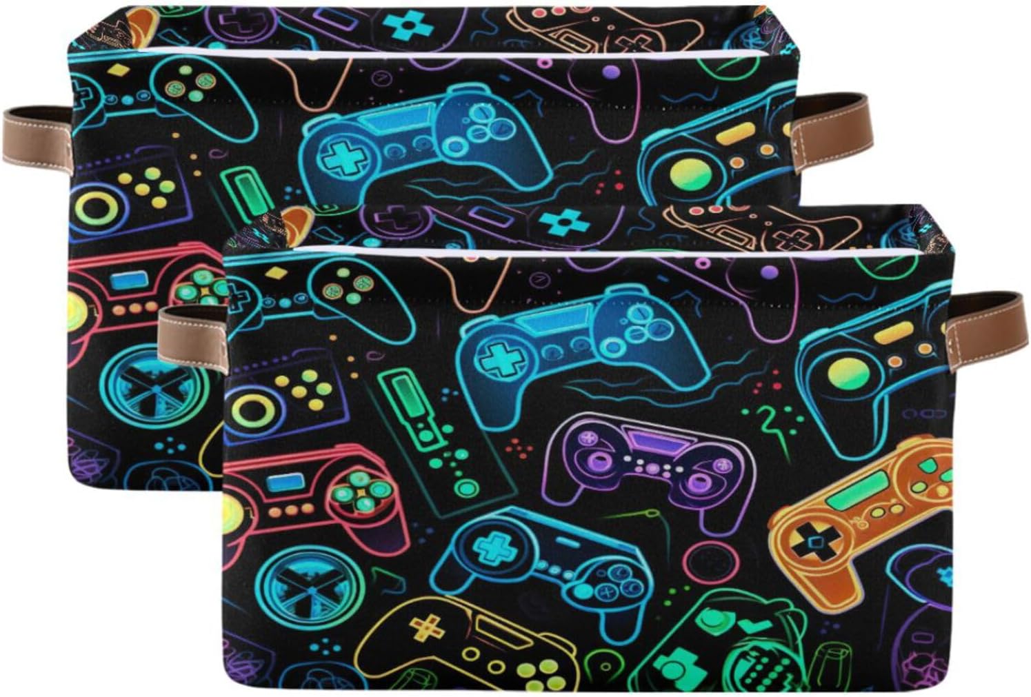 Colorful Video Game Controllers Storage Baskets,Decorative Collapsible Rectangular Canvas Fabric Storage Bin for Home,2 PACK(513)