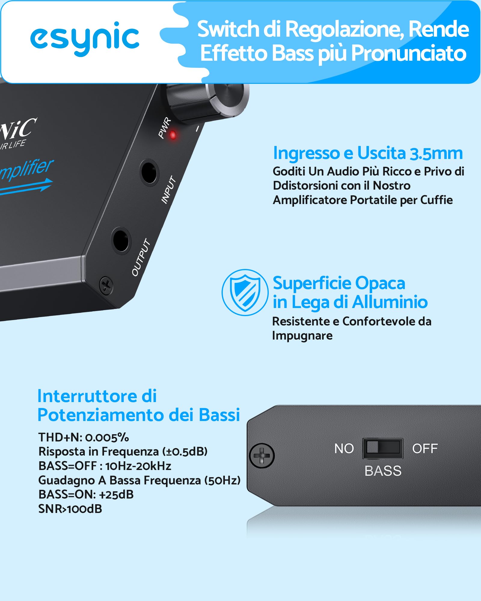 eSynic 16-600Ω Amplificatore per Cuffie Professionale con Jack 3.5mm, Ricaricabile Type-C, Lega Alluminio
