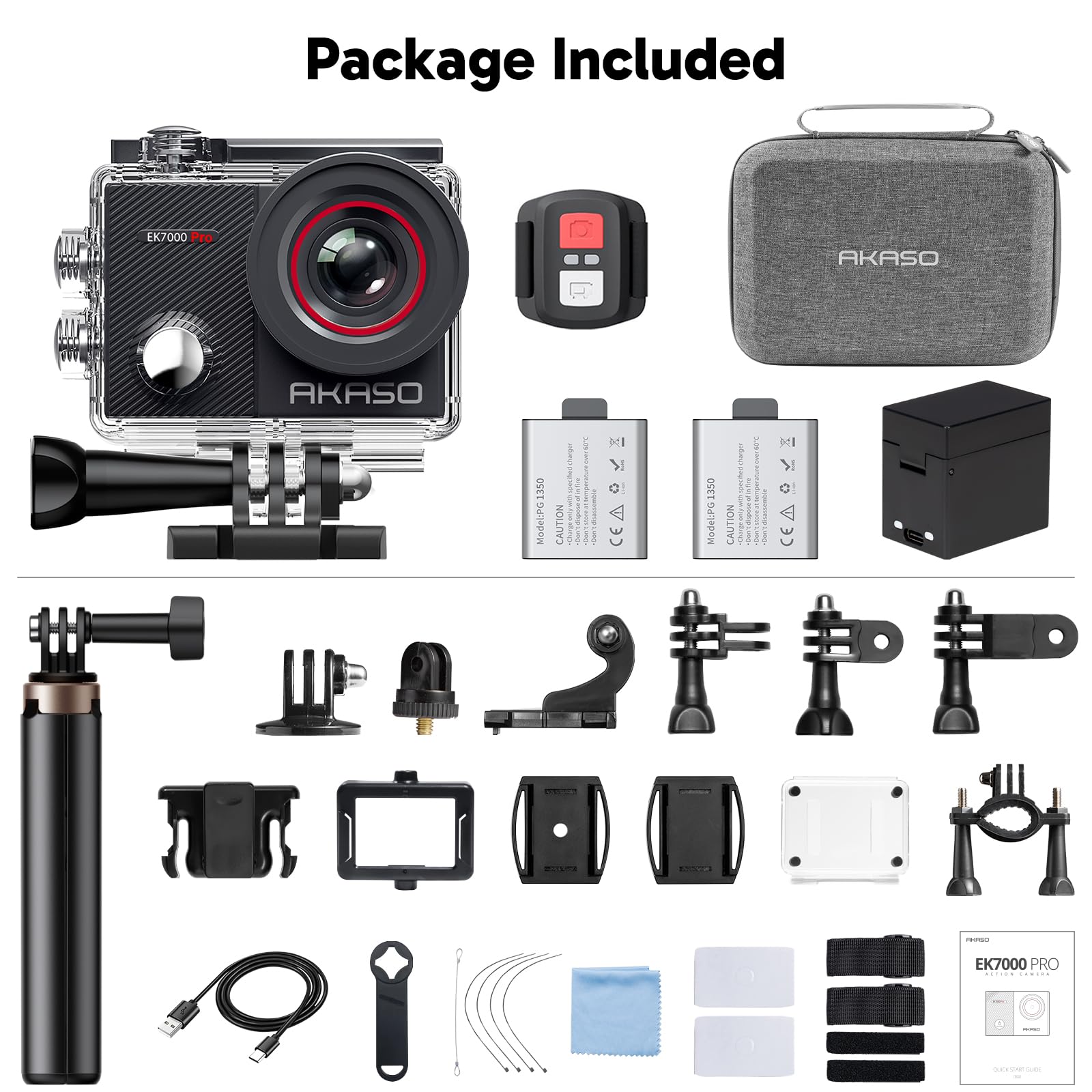 AKASO EK7000 Pro 4K30fps Action Camera with Touch Screen EIS 131ft Waterproof Underwater Camera Remote Control 5X Zoom with Helmet Accessories Kit (Standalone): With Selfie Stick Tripod and Carry Bag
