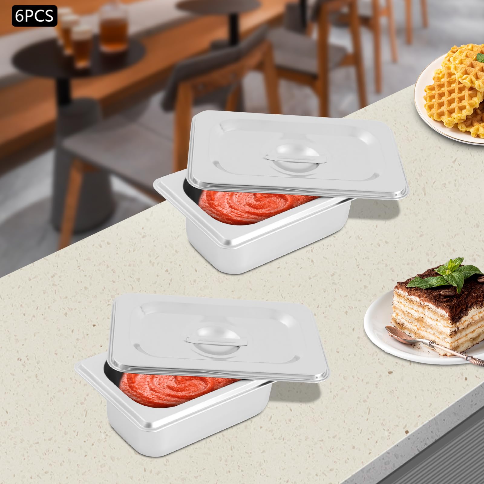 6 Pcs Steam Hotel Pans Set with Lid, 1/9 Size Stainless Steel Trays Steam Table Pan Restaurant Supplies Reusable Catering Storage for Party, Banquet, Catering - Commercial & Home Use (17.5x11x6.5cm)