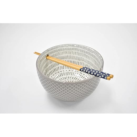 Signature Housewares Gray Collection Noodle Bowl with Chopsticks, 26oz