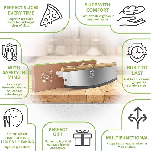 Miniatura 2 de Oliver's Kitchen Cortador de pizza  Rebanar pizza fácil (de 12 a 17 pulgadas)  Mango de bambú orgánico con agarre cómodo  Rebanar como un chef