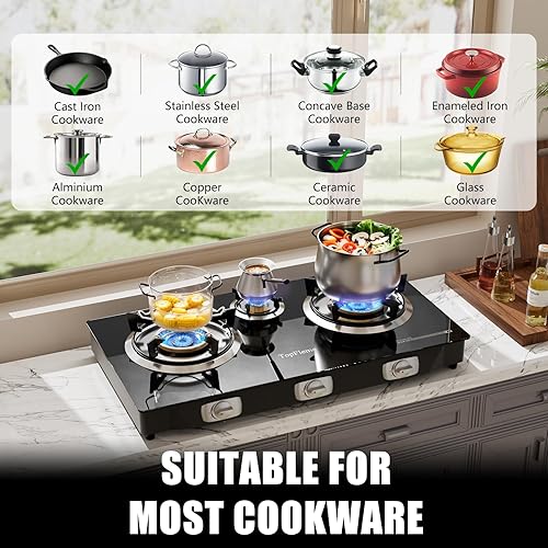 Miniatura 3 de Estufa de Propano de 3 Quemadores 32,300 BTU de Alta Eficiencia Vidrio Templado Encendido Automático Quemador de Gas Estufa Superior con Manguera