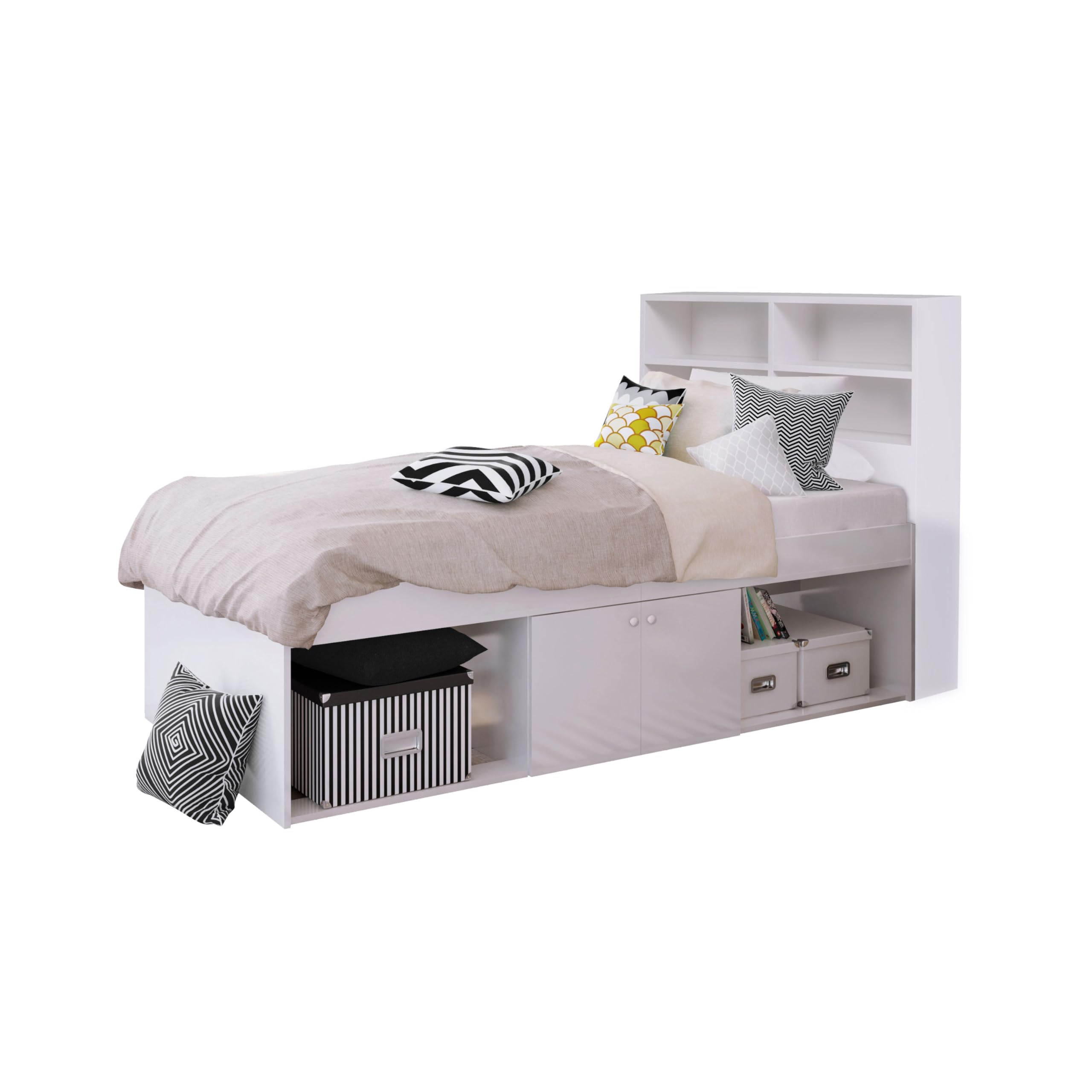 White, Single, Kids Cabin Storage Bed with Bookcase Headboard