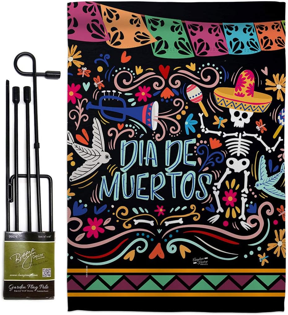 Colorful Dia de Muertos Burlap Garden Flag Falltime Day of Dead Los Fiesta Mexican Party Autumntime Small Decorative Gift Yard House Banner Double-Sided Made In USA 13 X 18.5