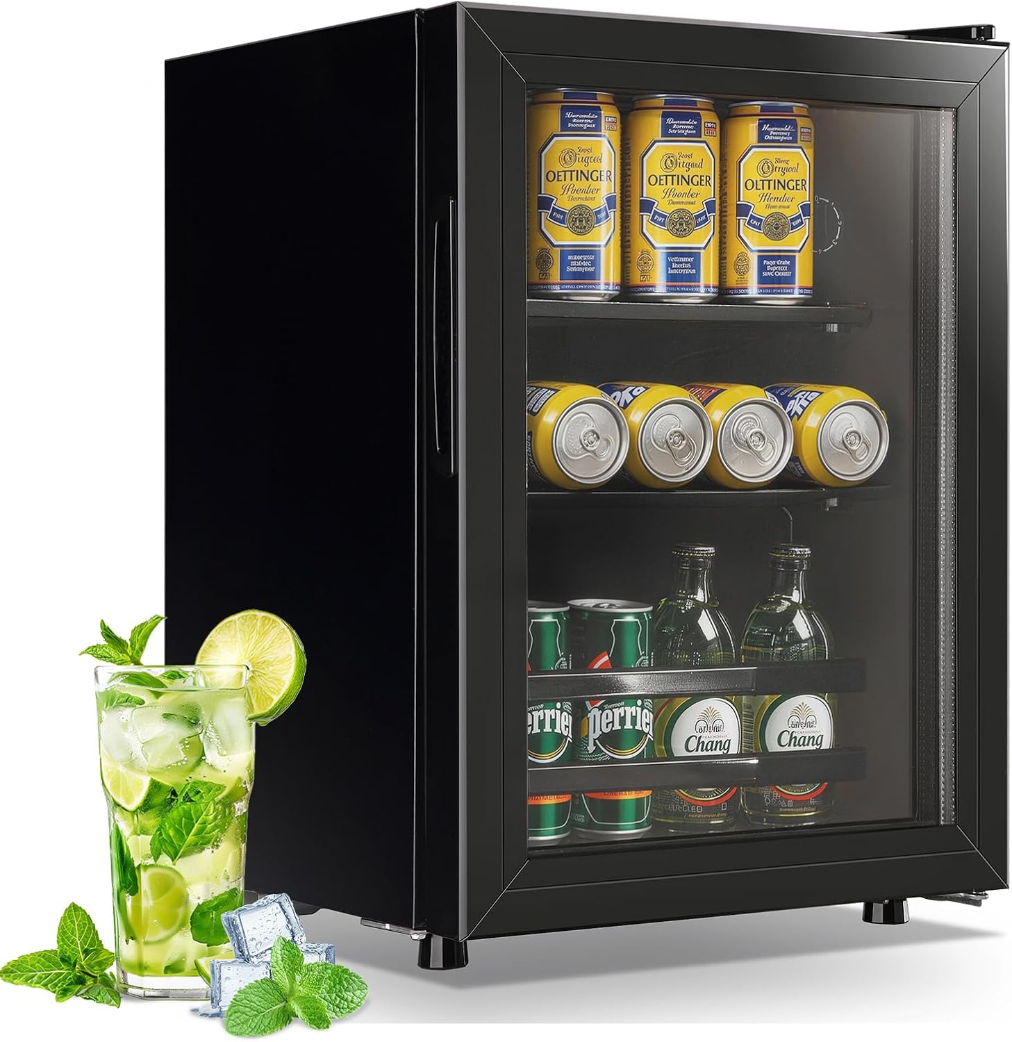 WANAI Small Beverage Refrigerator Cooler 1.3 Cu.Ft, 45 Can Black Mini Small Fridge with Glass Door Adjustable Shelves for Soda Beer Wine, Suitable for Bedroom Bar Office