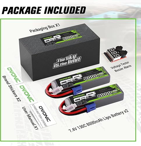 Miniatura 6 de OVONIC 2S LiPo Batería 8000mAh 7.4V 130C RC Batería con conector EC5 (paquete de 2) (con comprobador de voltaje Lipo)