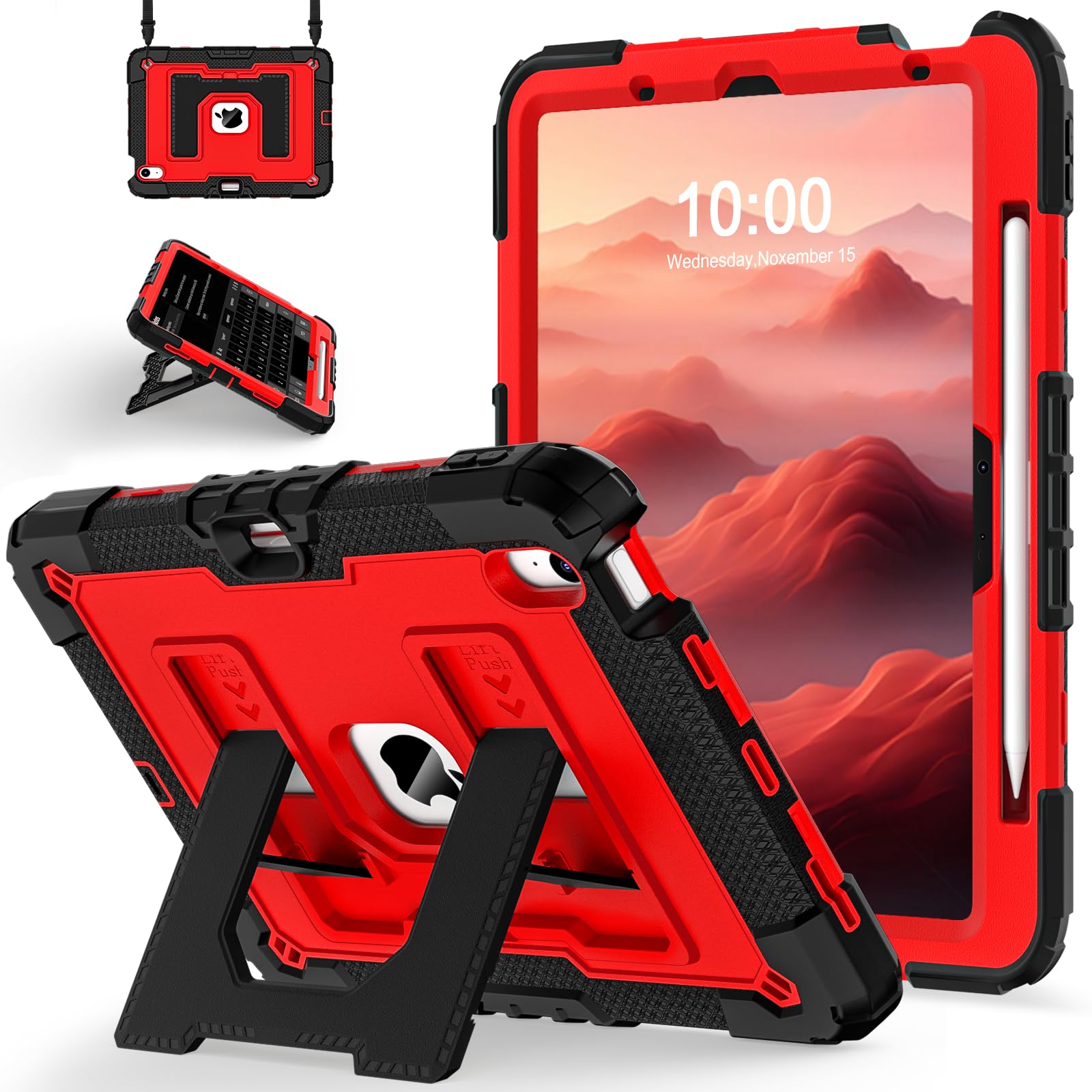 for iPad Air 11-inch M4 (2026) / M3 (2025) / M2 (2024) iPad Air 5th (2022) / 4th Generation (2020) 10.9 Inch,Military Grade Shockproof iPad Case Air 11 Inch with Pencil Holder, Black Red