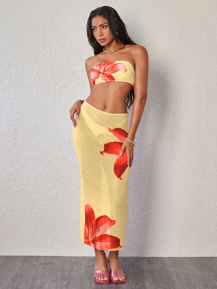 ZAFUL Womens 3pcs Bikini Swimsuits Bandeau 3 Piece Swimwear High Cut Bikini Sets with Long Sheer Coverup Dress - Image 3