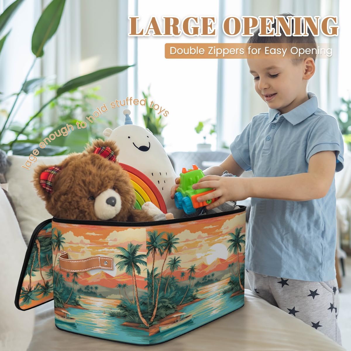 Storage Bin Set of 2 Sunset Coconut Tree Storage Basket with Zipper Lid & Handle Foldable Closet Shelf 2 Pack Cloth Organizer Basket Cube Bins Clothes Organizer for Bedroom, Nursery