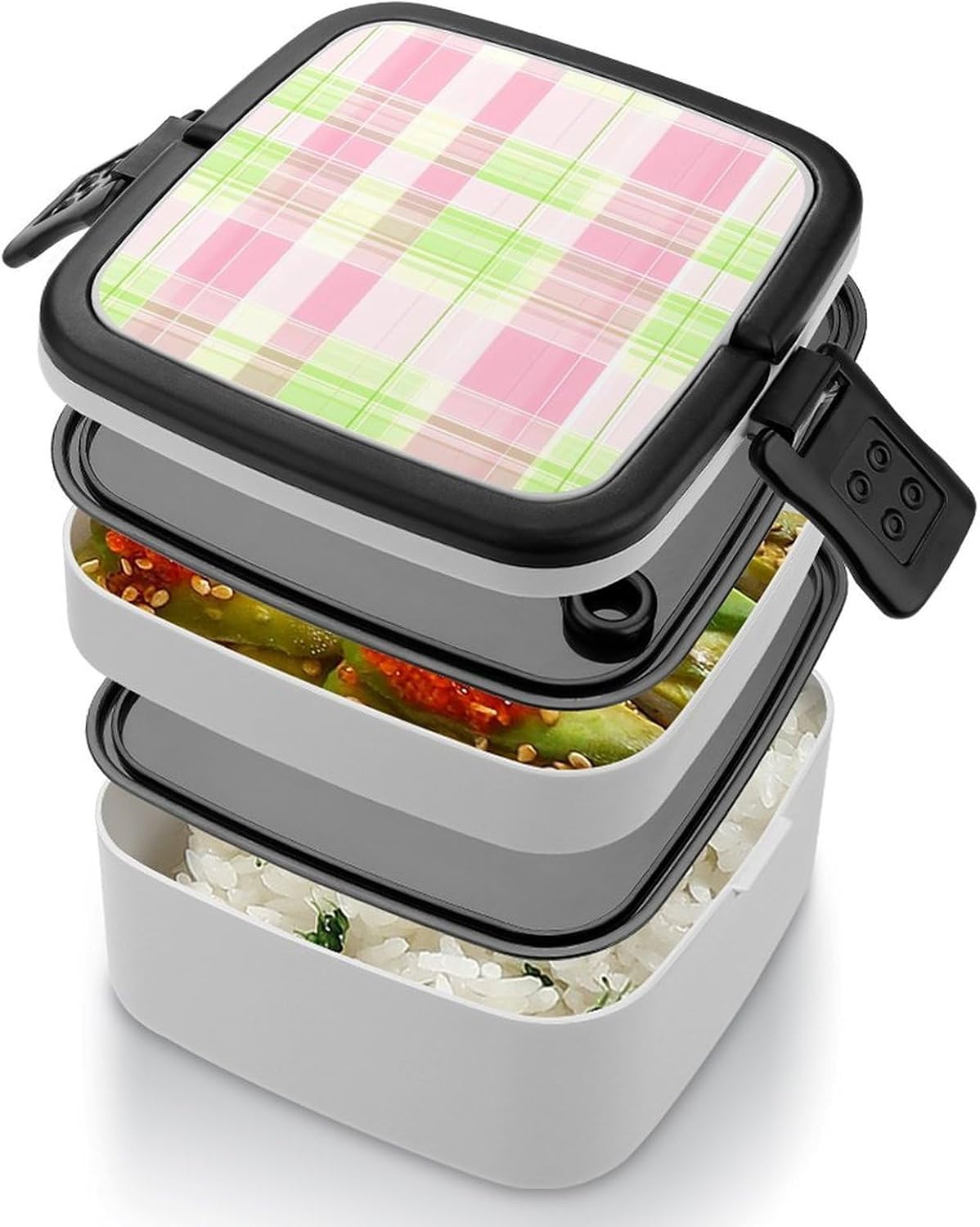 Green Pink Plaid Bento Box with Spoon 2 Layer Food Container Cute Lunch Box for Travel Dining Work