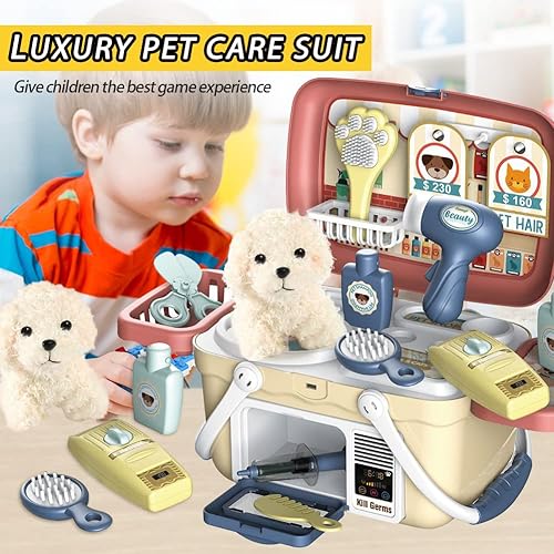 Miniatura 4 de Jade Hare Juego de cuidado de mascotas, kit médico para niños, 23 piezas de juegos de simulación de doctor para niños con perro de peluche, juguetes
