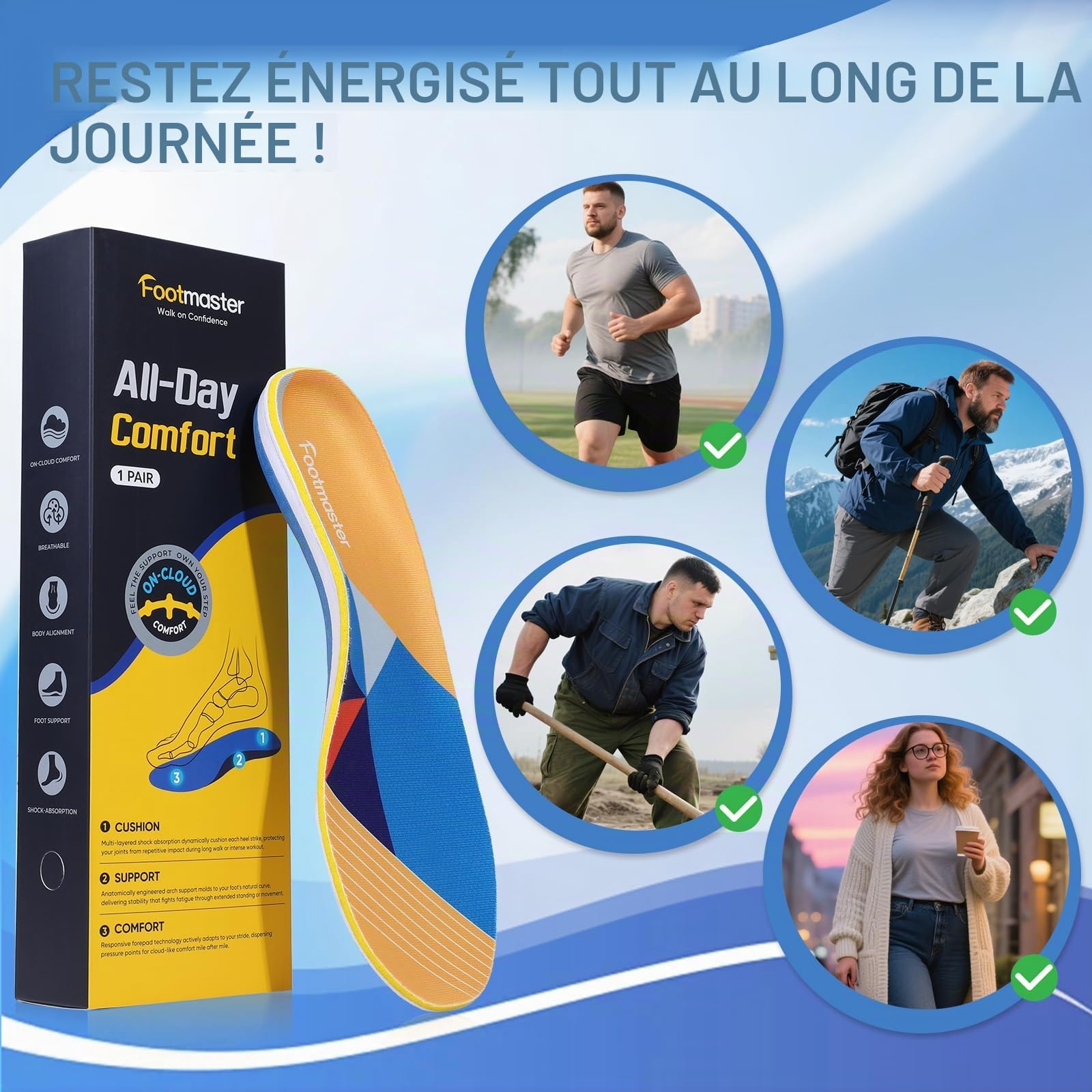Footmaster Semelles Orthopédiques pour soutien de la voûte plantaire, fasciite plantaire, pieds plats, épine calcanéenne, douleurs au talon pour femmes et hommes