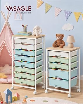 VASAGLE Rolling Storage Trolley with 5 Plastic Drawers, Wooden Top