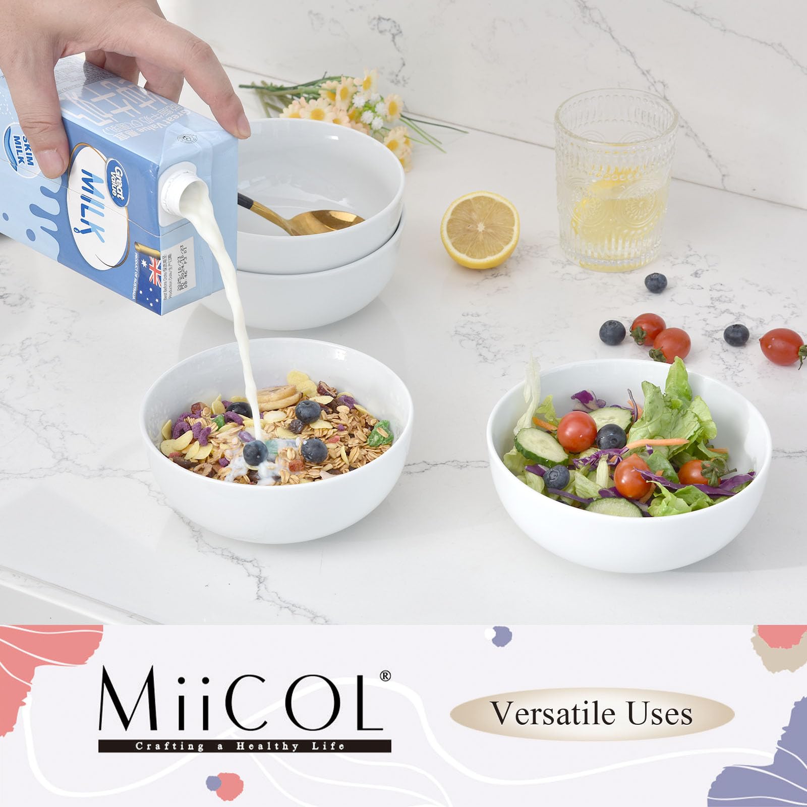 Miicol Ensemble de 4 Bols à Petit-Déjeuner en Céramique, Bols à Soupe Blancs 600 ml, Bols Empilables de 15 cm pour Céréales, Idéals pour Desserts, Salades, Riz ou Fruits