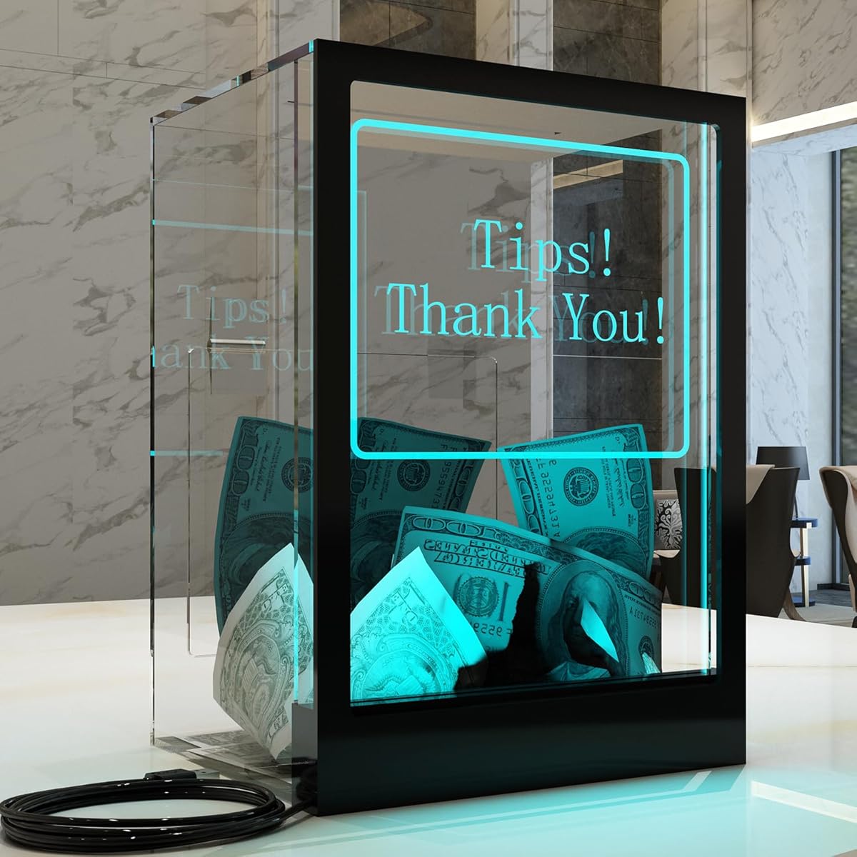 Tip Jar with 2 Sign Holders, LED Light & Lock for Bar & Party, Donation Box with Sign Holder ''Tips! Thank You!'', Suggestion Box with DIY Blank Sign Holder for Getting Cards, Voting & Ballots
