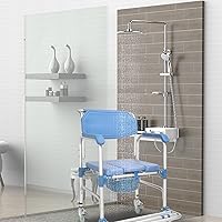 Vista 5 de Silla de inodoro 4 en 1, Silla de ducha rodante, Silla de baño de transporte accesible, Silla de ducha para personas mayores y discapacitadas