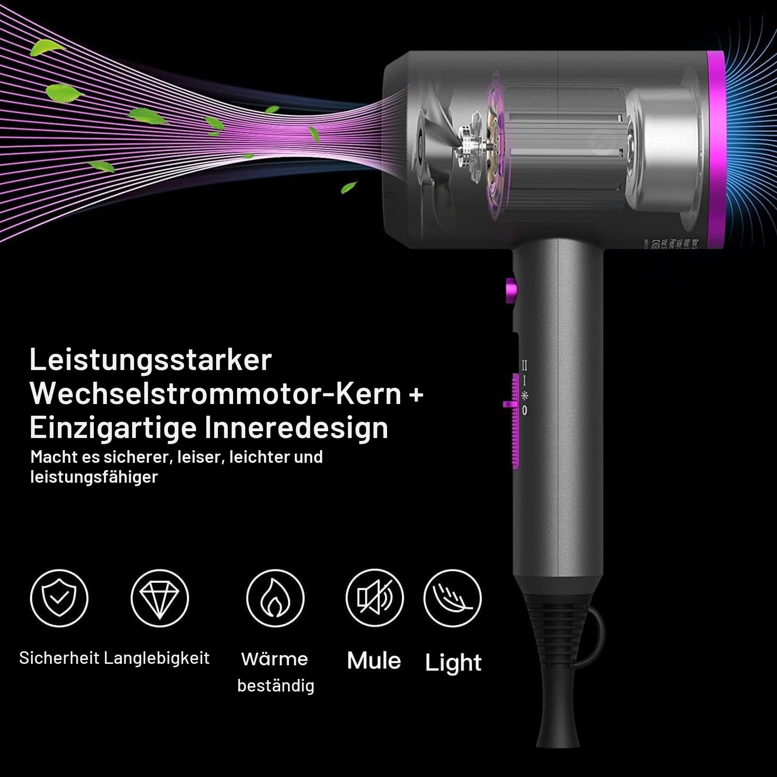 Ionen Föhn AC Motor 1800W Haartrockner, slopehill Schnelltrocknen Hair Dryer, Salon Haarfön mit Heiß-/Kalttaste, 3 Fön Concentrators and Diffuser, 3 Temperatureinstellungen, 2-Gang（Violett）