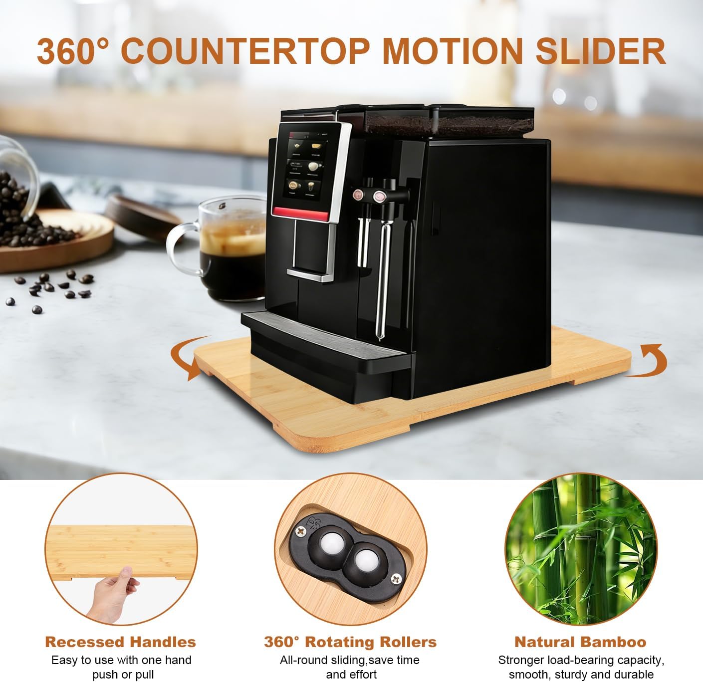 Appliance Slider 360° Rolling Tray for Coffee Maker,Bamboo Countertop Sliding Tray for Kitchen Appliances Espresso Machine Accessories Coffee Pot Counter Sliders Mat with Wheels (15.7"×13")Wood Color