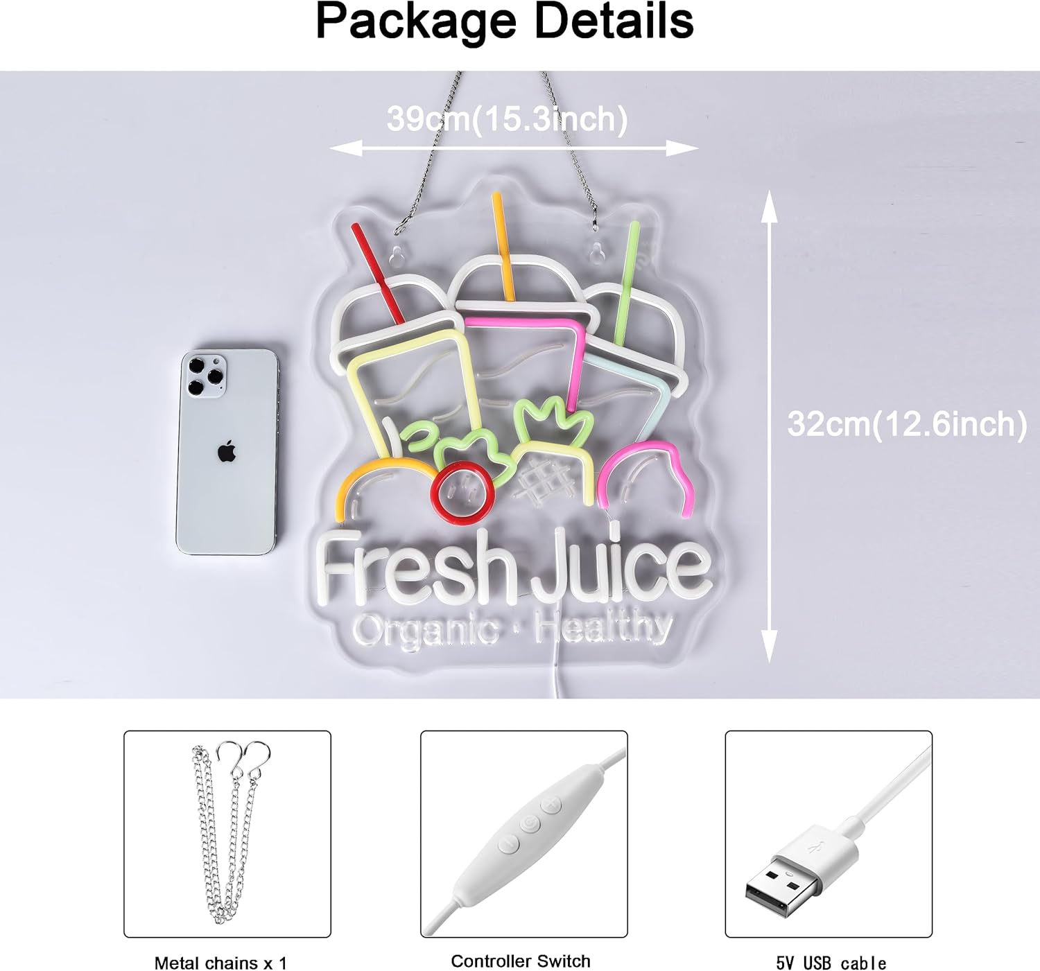 Fresh Juice Neon Sign, Neon Lights Hanging Wall Art Decoration for Juice Bar Shop Food Truck Market Bakeries Café Celebration Home Decor, USB Powered Ultra Bright Dimmable, 15.35×12.6inches