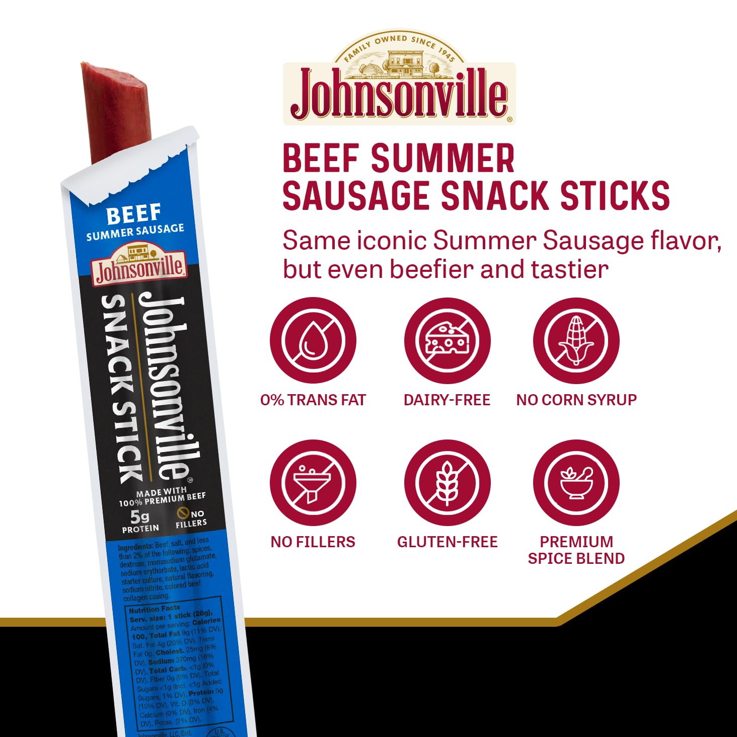 Johnsonville Summer Sausage Snack Sticks - Dairy Free, Gluten Free Protein Snacks, Jerky Snack Packs - Beef, 1 oz., 24-Pack