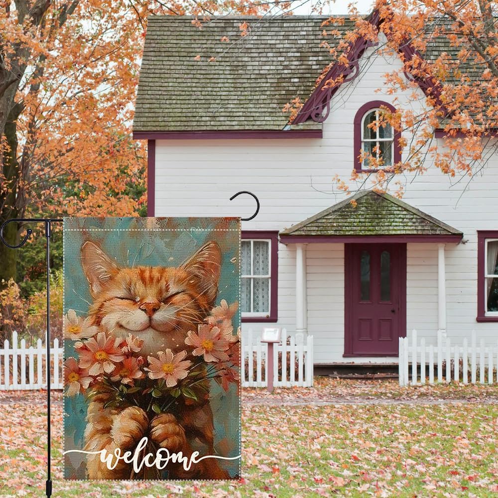 Welcome Spring Garden Flags Summer Cat Garden Flag 12x18 Inch Double Sided Colorful Floral Small Burlap Home Yard Lawn Holiday Decorations - Image 5