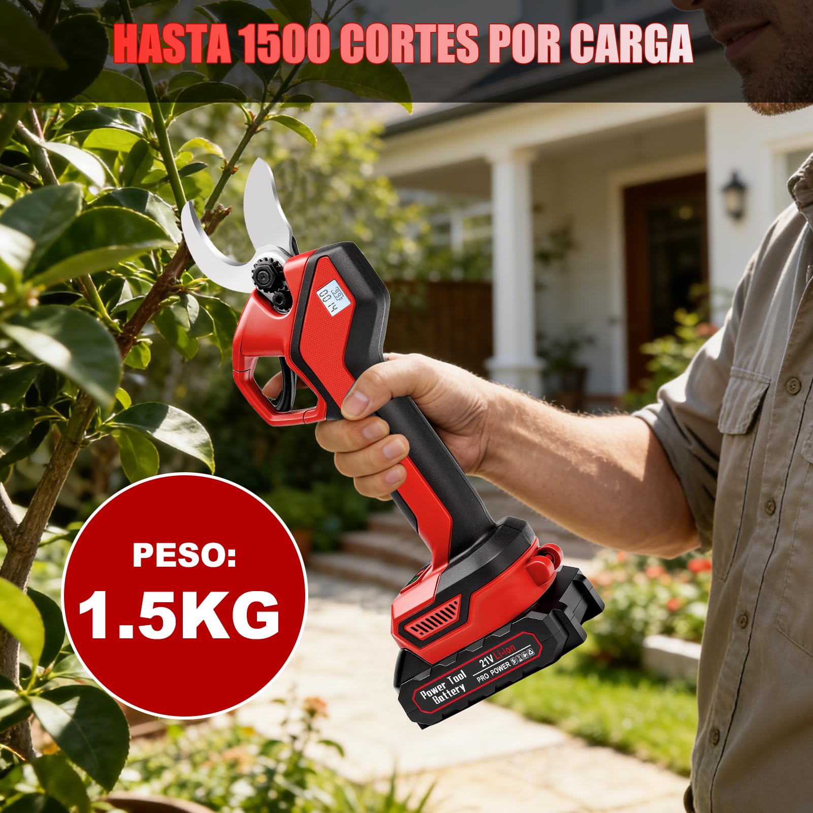 Tijeras de Podar Electricas de 40mm, Podadora de jardín con 2 baterías 21V 1500mAh y cuchillas de repuesto, 600W motor sin escobillas, Tijeras de Podar Bateria para jardinería, árboles frutales
