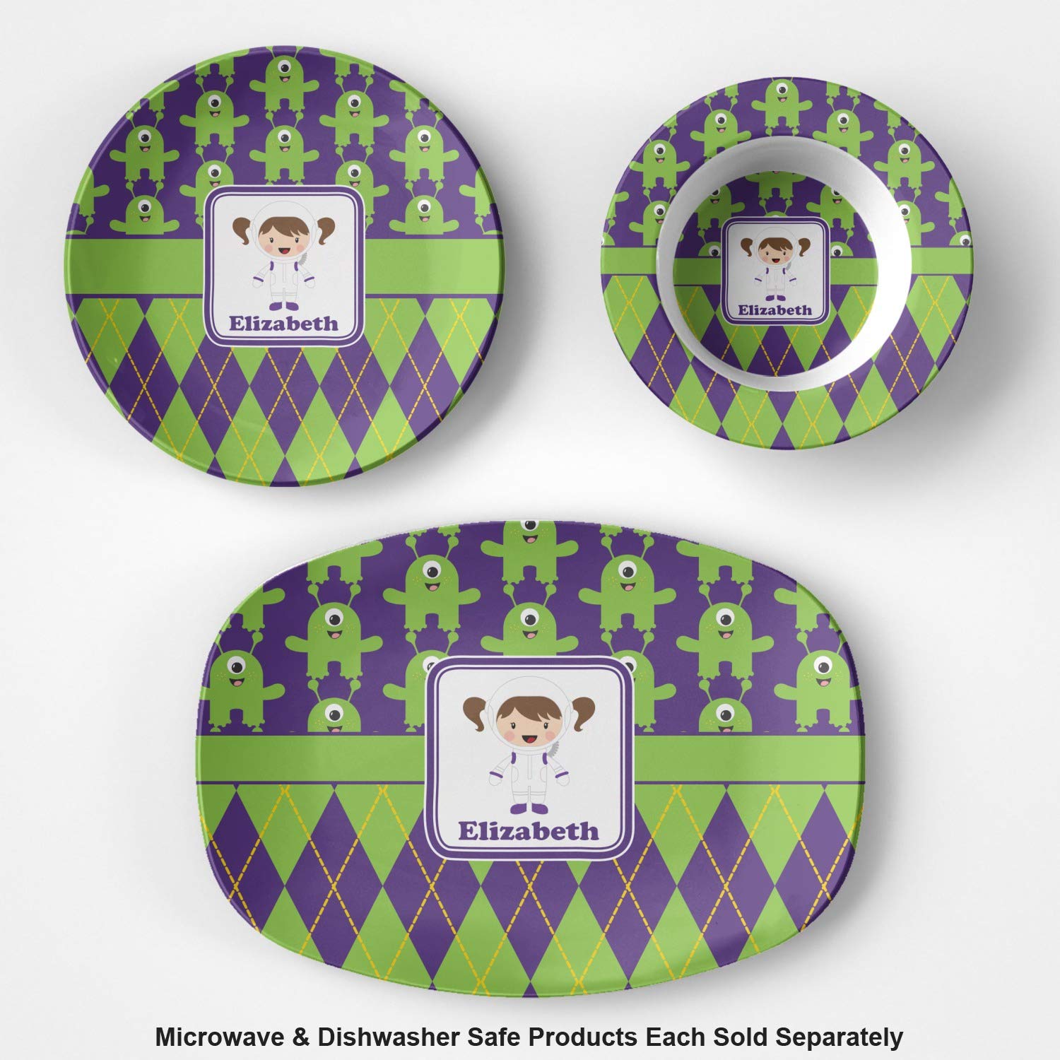 Personalized Astronaut, Aliens & Argyle Plastic Bowl - Microwave Safe - Composite Polymer