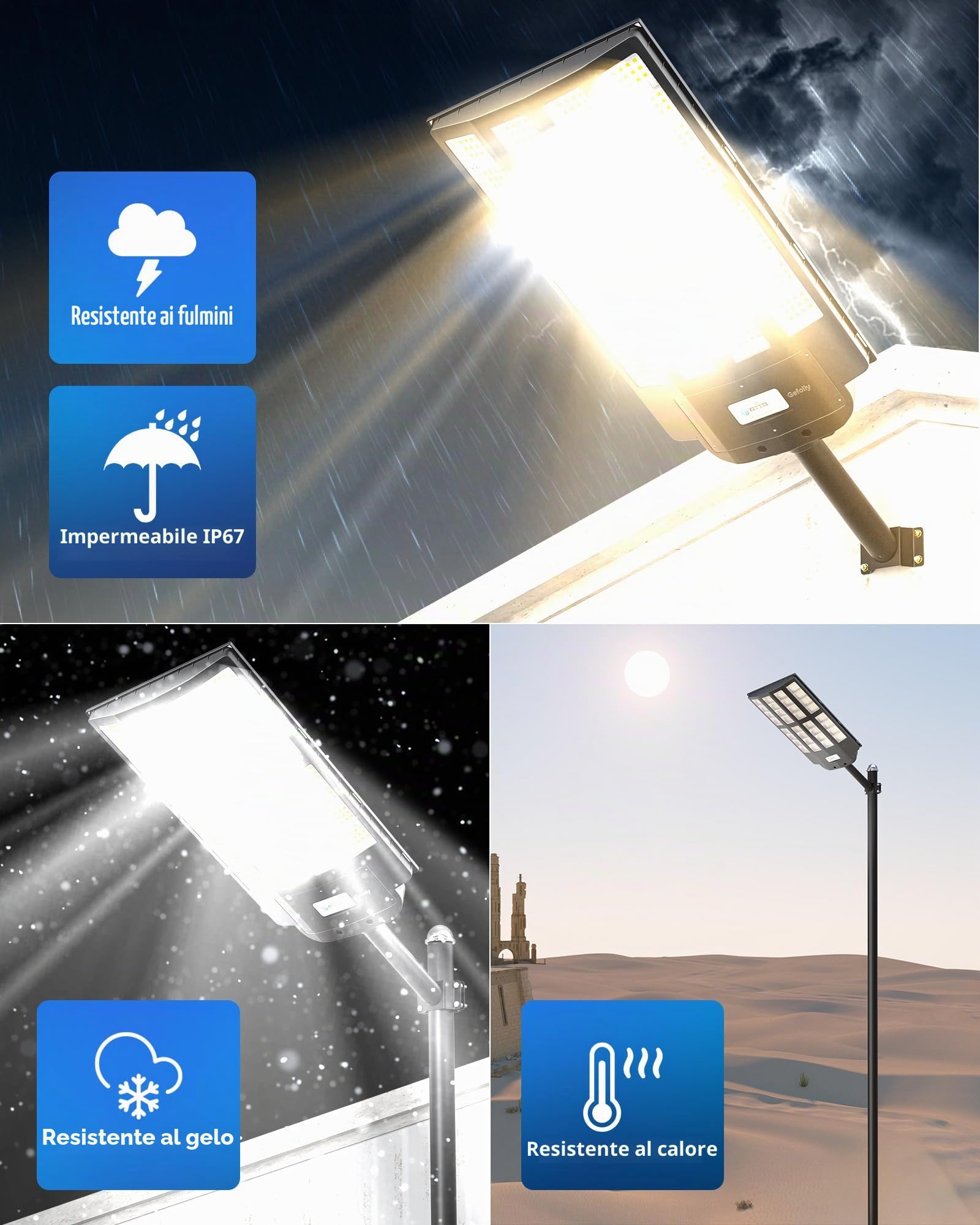 Gefolly Lampione Solare LED Esterno, Faro LED Esterno con Pannello Solare con Sensore di Movimento, 3000K/4000K/6500K IP67 Impermeabile Faretto solare Esterno per Giardino Garage Strada (SL-7800W)