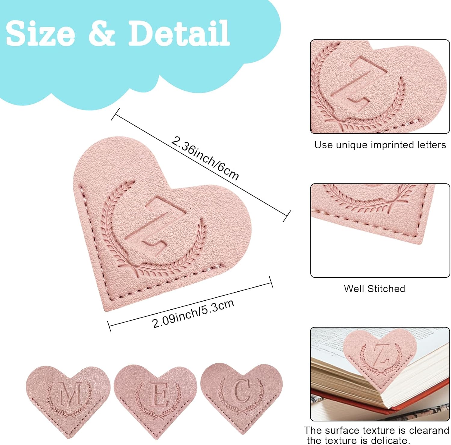 XIANGYUAN Personalized Leather Heart Bookmark with Initial,Cute Bookmarks 26 Letters Corner Book Marks for Reading Women,Men, Kids,Book Accessories for Book Lovers Gifts(Pink Z) image 2