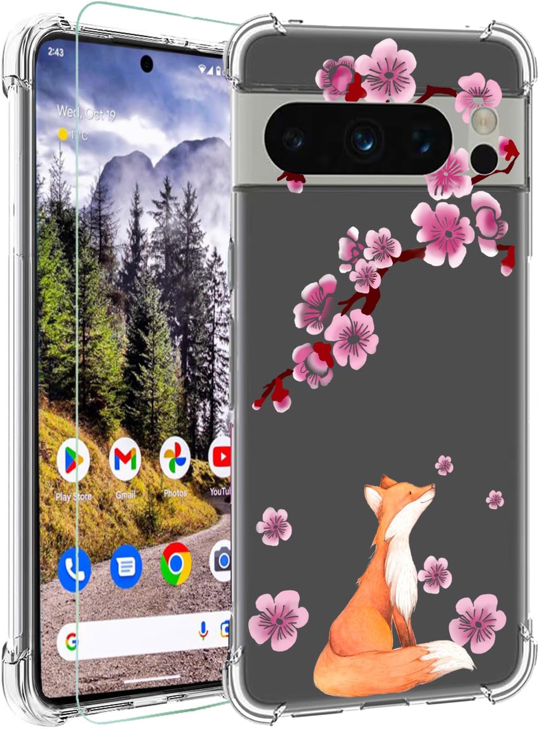 Ftonglogyfor Google Pixel 8 Pro 5G Case with Tempered Glass Screen Protector: Clear Cute Flower Floral Design for Girls Women Slim Soft TPU Bumper Shockproof Silicone Cell Phone Cover (Lucky Fox)